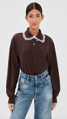 Tanner Fletcher Cletus Lace Trim Long Sleeve Polo Brown L